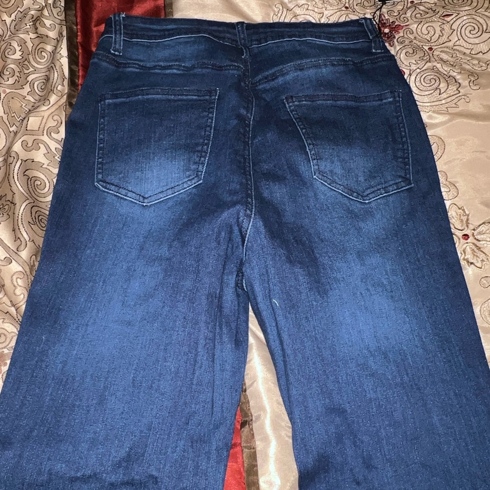 Jazz denim bottoms, size Large, dark denim, VERY long